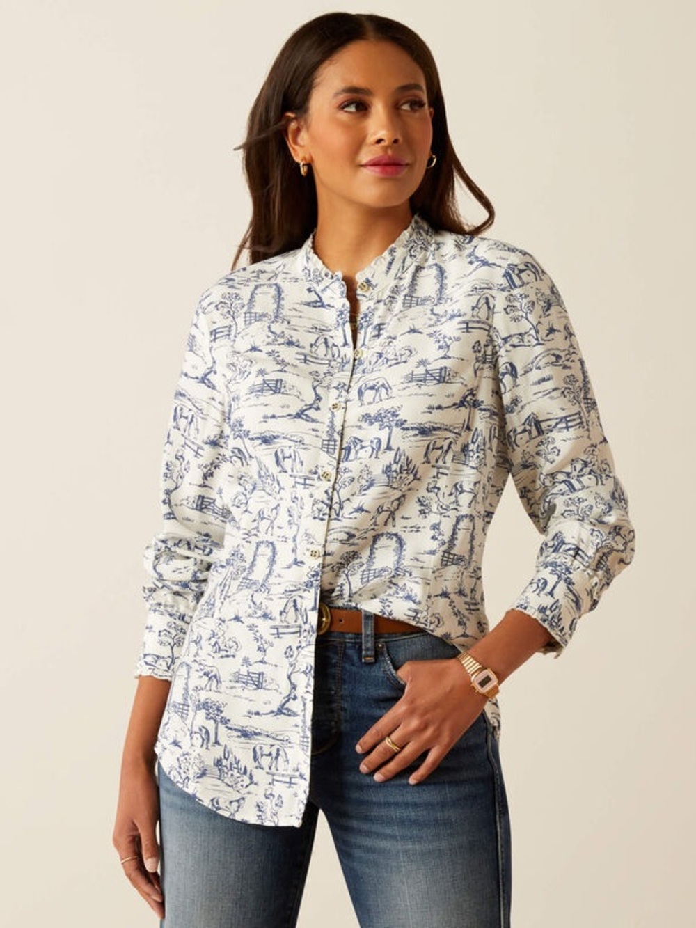 Ariat Clarion Horse Button-Up Blouse White Blue Long Sleeve Large TOILE PRINT